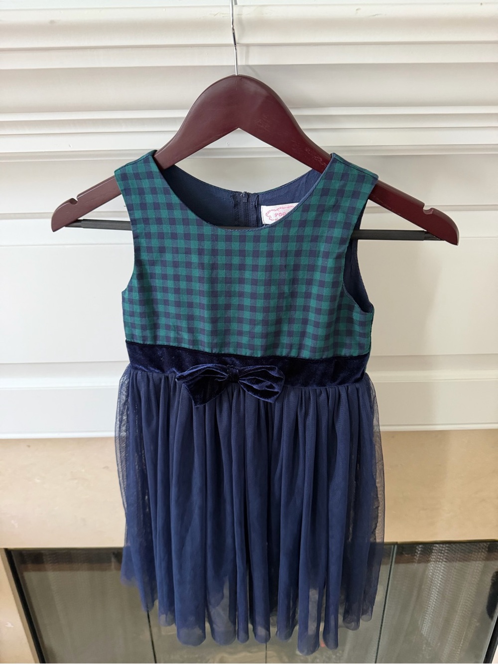 Popatu Navy and Green Plaid Dress with Velvet Bow